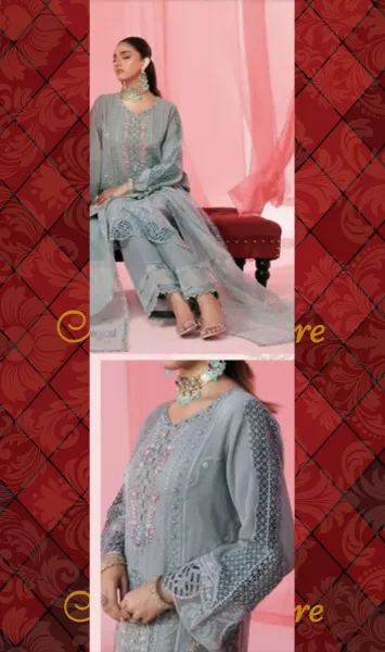 Pakistani Original Guzel Luxury Formal Organza Stitched 3Pcs _ Aqua 